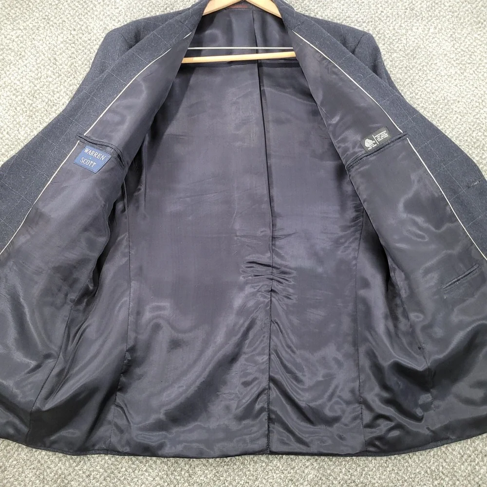 Warren Scott Mens 44L Suit Pure Wool Windowpane Charcoal Grey 2 Button Pleated